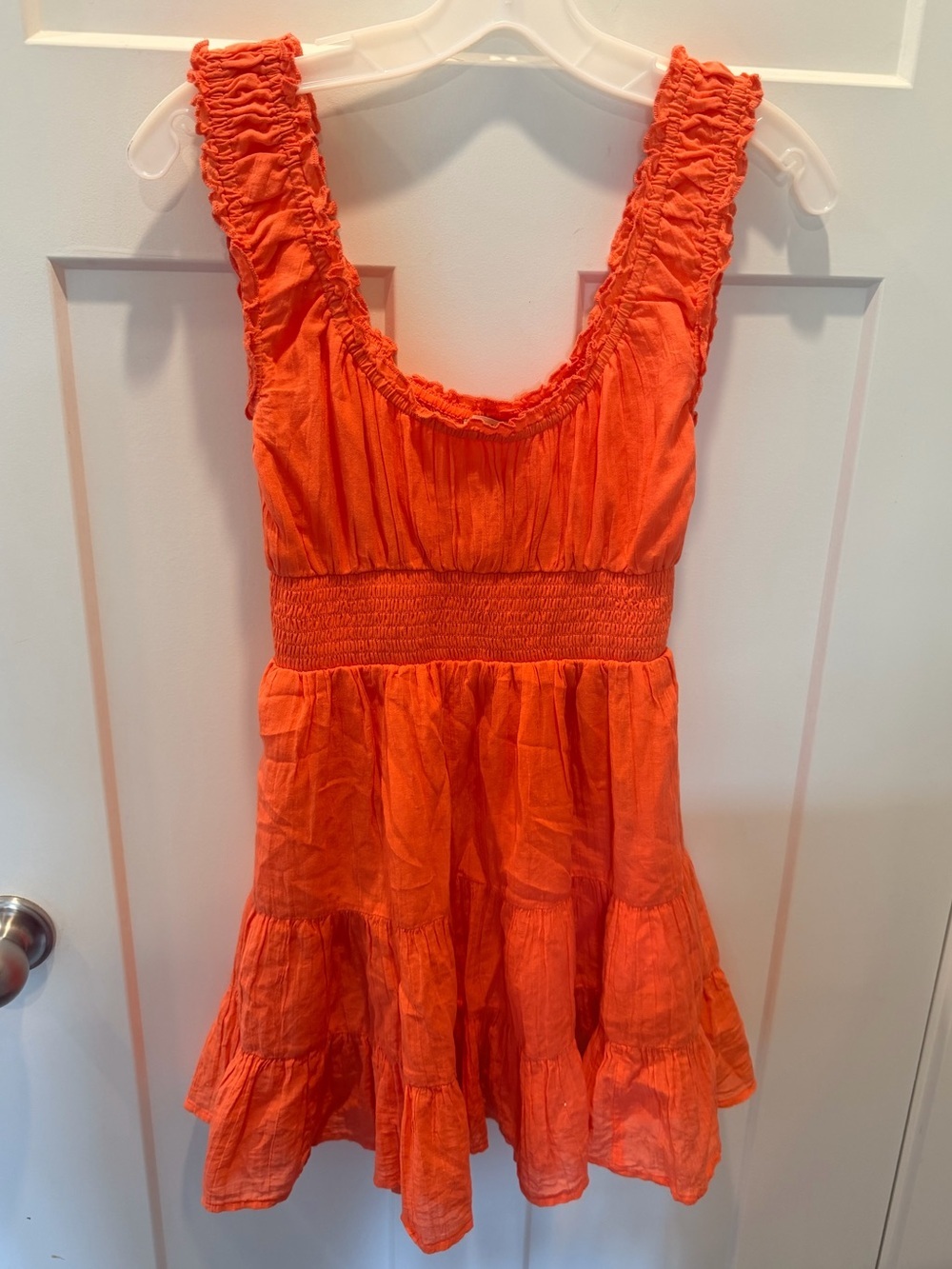 American Eagle XS Coral Orange Smocked Tiered Mini Dress Ruffle Sleeveless Boho